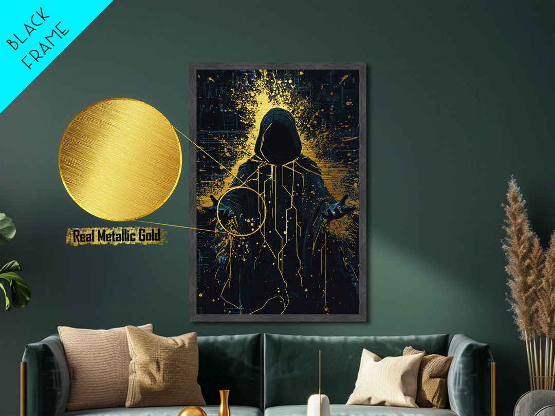 Hooded Cyber Mage Metallic Gold Art Metal Art, Futuristic Spooky Halloween Gothic Wall Art Framed in Solid Wood