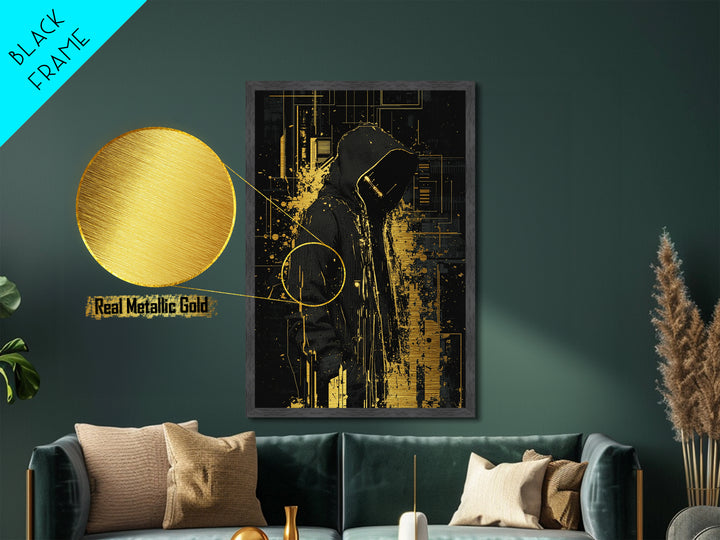Hooded Phantom Wall Decor, Spooky Metallic Gold Art Metal Art for Halloween, Framed in Natural Real Wood Gothic Style