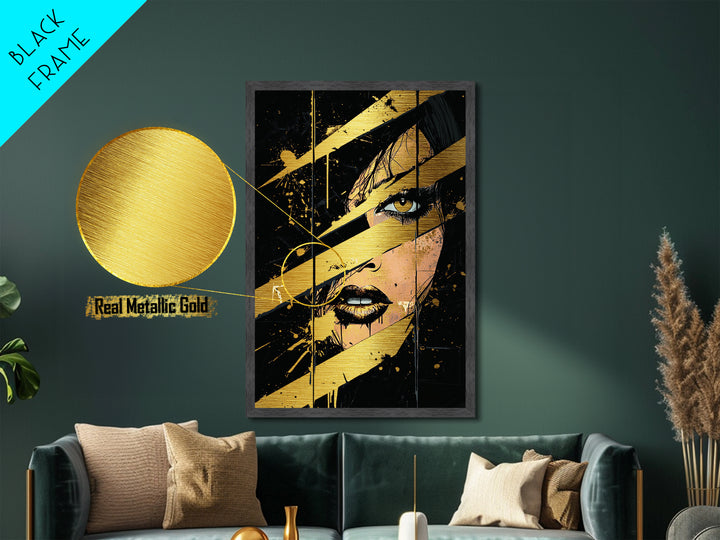 Creepy Woman’s Gaze with Claw Marks, Halloween Metallic Gold Art Metal Art, Spooky Wall Hanging in Real Wood Framed Design
