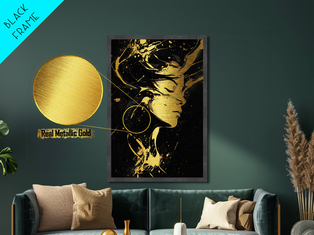 Haunted Woman in Golden Swirls, Halloween Metallic Gold Art Metal Art, Gothic Spooky Season Wall Hanging with Real Wood Frame