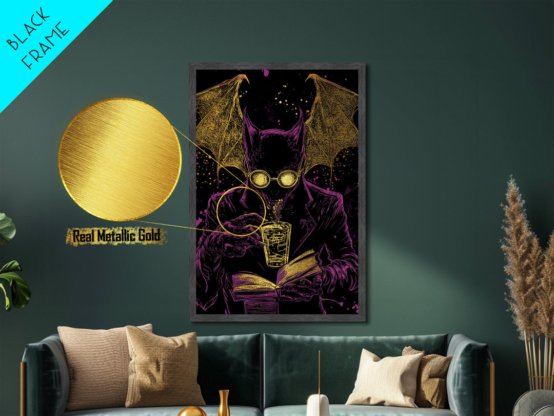 Bat Demon in Suit with Book – Metallic Gold Art, Spooky Vampire Metal Art with Real Wood Frame, Halloween Gothic Wall Decor
