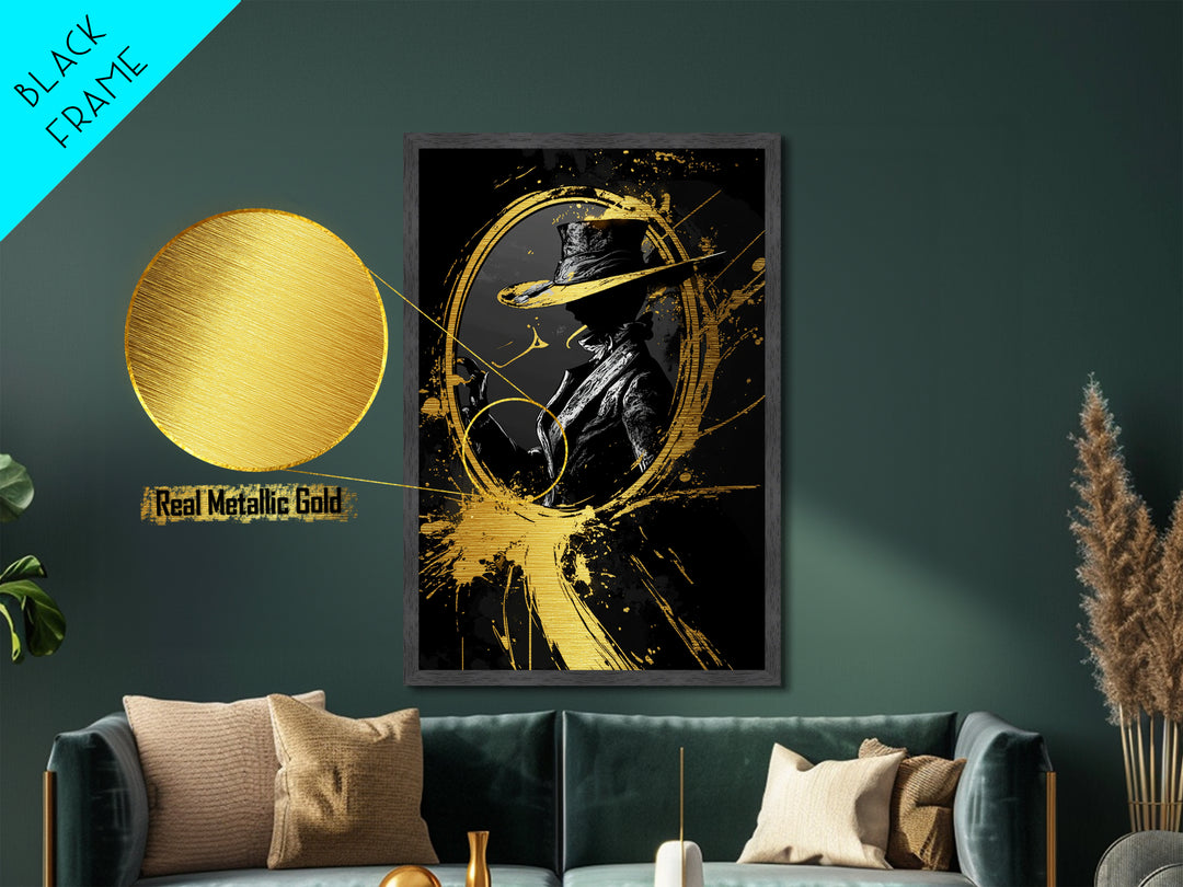 Haunted Hat Silhouette in Oval Frame, Spooky Halloween Metallic Gold Art Metal Art, Gothic Wall Hanging with Real Wood Frame