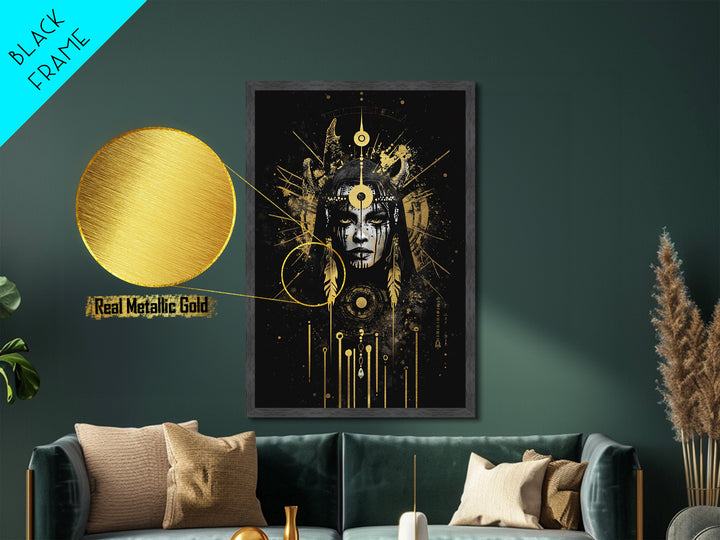 Creepy Skull Playing Cards Scene, Metallic Gold Art Metal Art Print, Framed in Natural Wood, Spooky Skeleton Poker Artwork