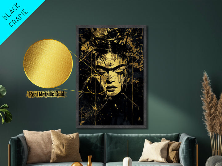 Dark Gothic Face with Crown, Horror Metallic Gold Art Metal Art, Framed Spooky Halloween Portrait in Authentic Wood Frame