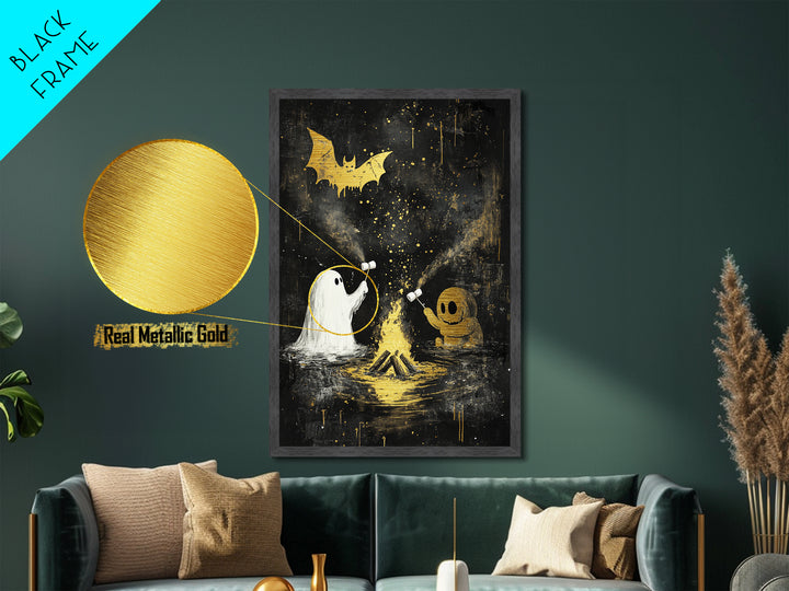 Abstract Black and Gold Woman’s Face, Witchy Metallic Gold Art, Spooky Season Metal Art with Real Wood Frame for Decor