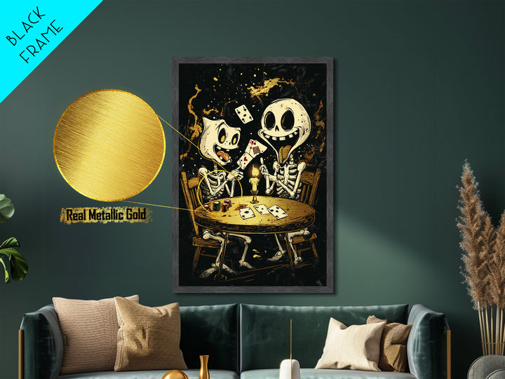 Eerie Shrouded Skeleton Holding Chess Piece, Metallic Gold Art, Spooky Gothic Metal Art Wall Hanging with Wood Frame