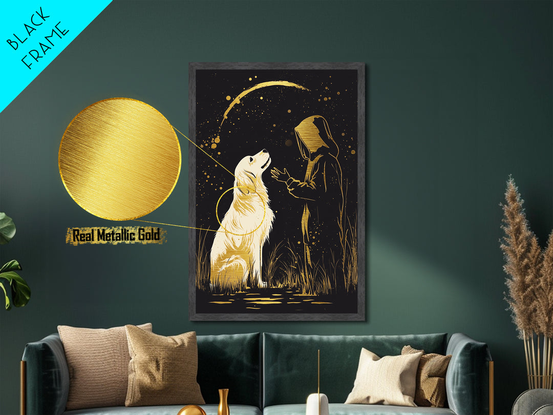 Ghostly Figure in Splattered Gold, Metallic Gold Art Metal Art Print, Framed Halloween Horror Scene in Natural Wood Frame