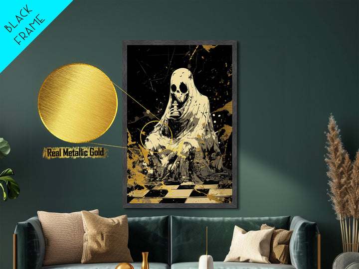 Golden Dog and Hooded Figure, Metallic Gold Art, Spooky Season Metal Art Print Framed in Real Wood, Halloween Wall Decor