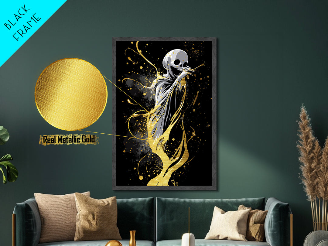 Mystic Masked Woman with Feathers, Gothic Metallic Gold Art, Spooky Season Metal Art Print Framed in Authentic Wood