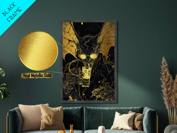 Gold Splatter Demon with Drink – Metallic Gold Art, Halloween Horror Metal Art in Real Wood Frame, Gothic Vampire Wall Print