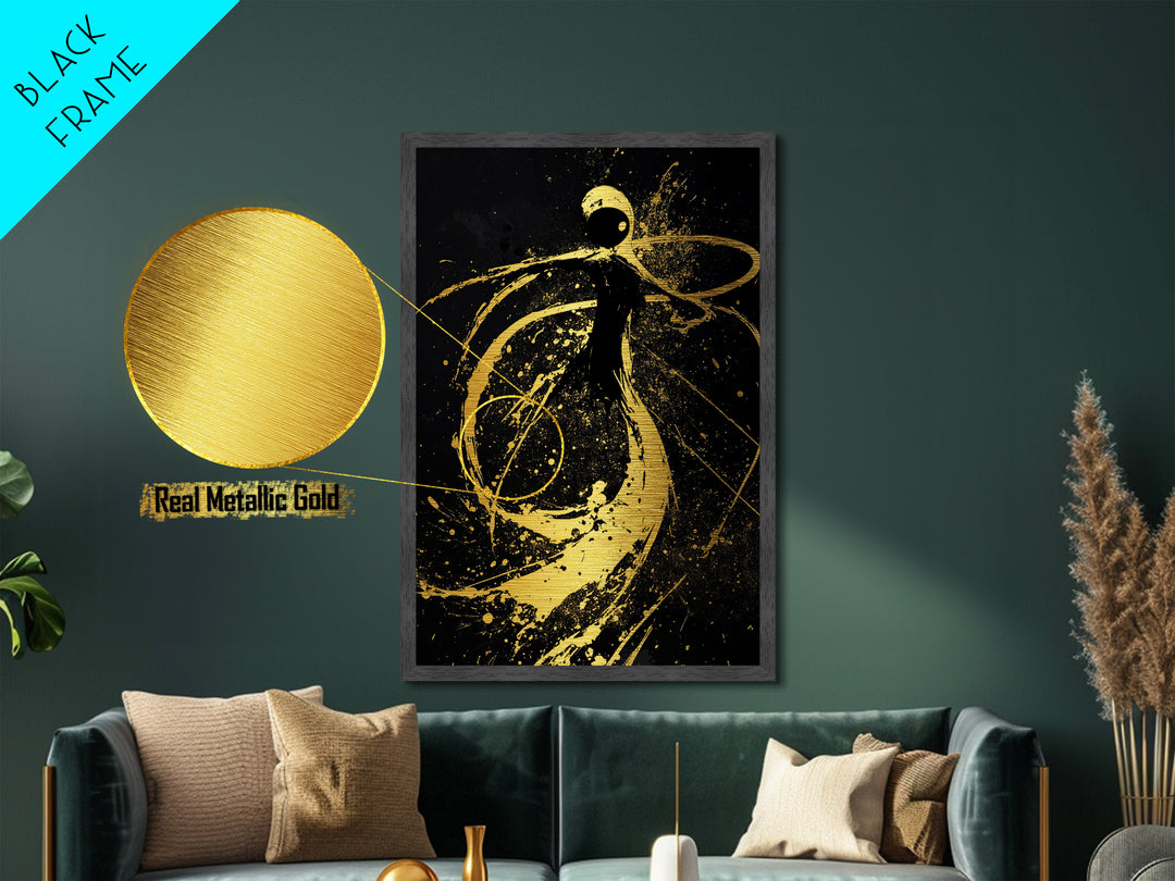 Swirling Spirit in Splatter Style, Metallic Gold Art Metal Art Print, Haunted Halloween Wall Decor with Framing in Real Wood