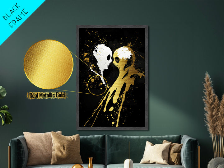 Haunted Ghost Kiss Metallic Gold Art Metal Art Spooky Halloween Wall Decor framed in natural real wood gothic home accent