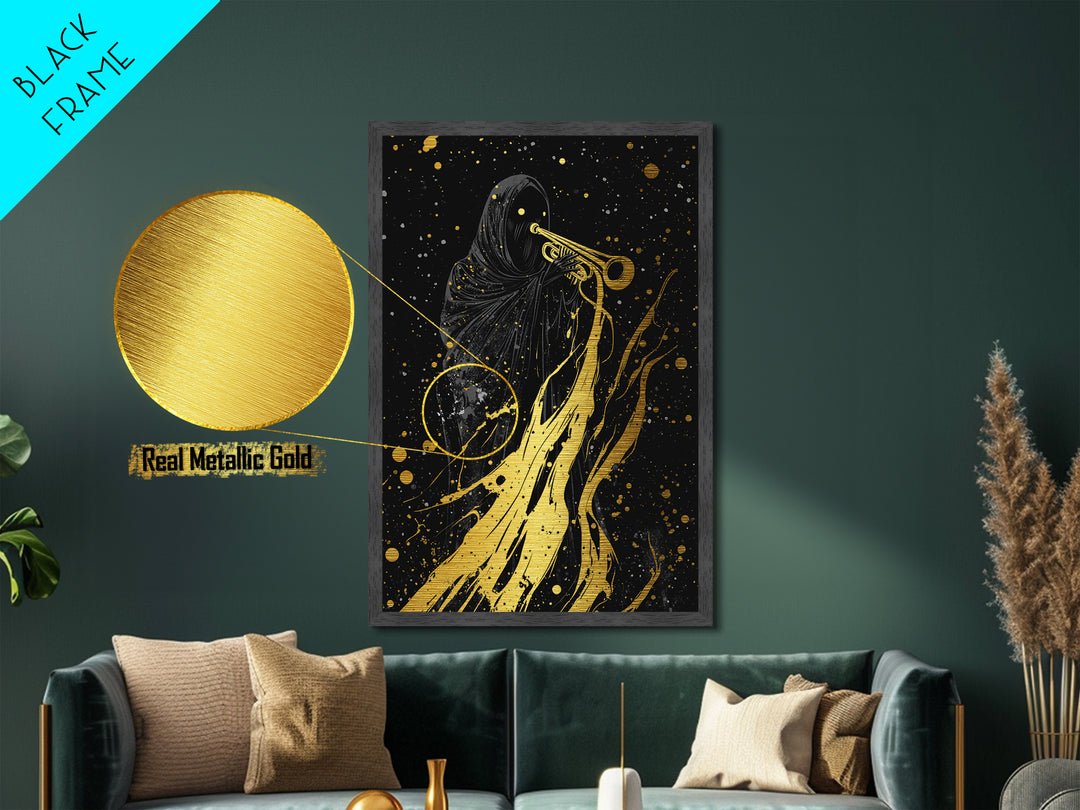 Reaper with Trumpet Metallic Gold Art Metal Art Spooky Halloween Gothic Wall Art in solid real wood frame horror wall décor