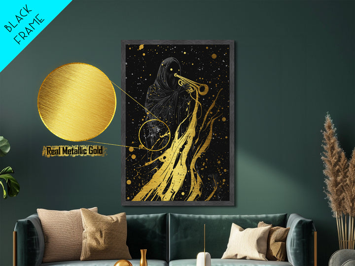 Reaper with Trumpet Metallic Gold Art Metal Art Spooky Halloween Gothic Wall Art in solid real wood frame horror wall décor