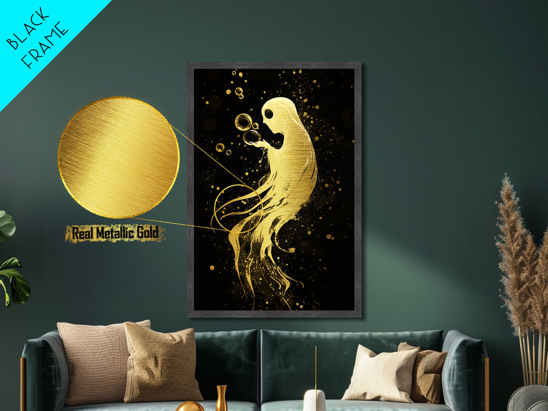 Floating Spirit with Bubbles Metallic Gold Art Metal Art Halloween Spooky Season Décor framed in authentic real wood wall art