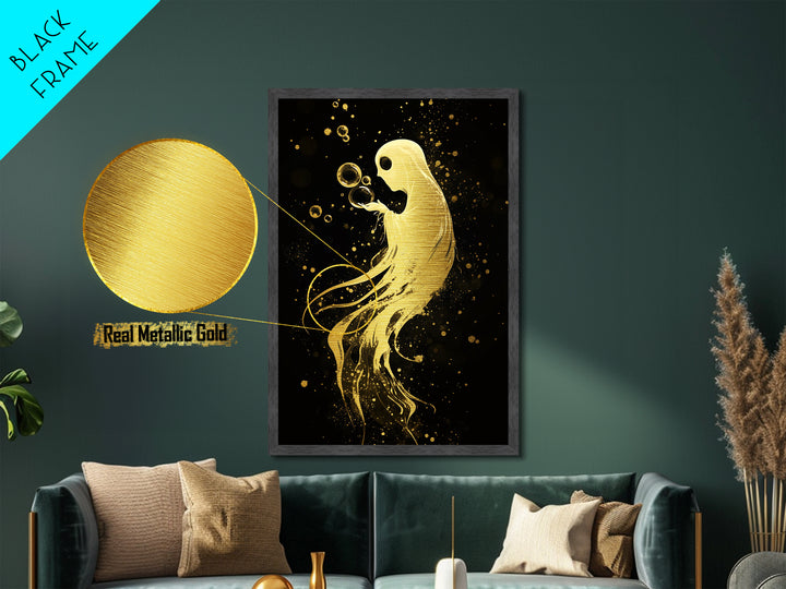 Floating Spirit with Bubbles Metallic Gold Art Metal Art Halloween Spooky Season Décor framed in authentic real wood wall art
