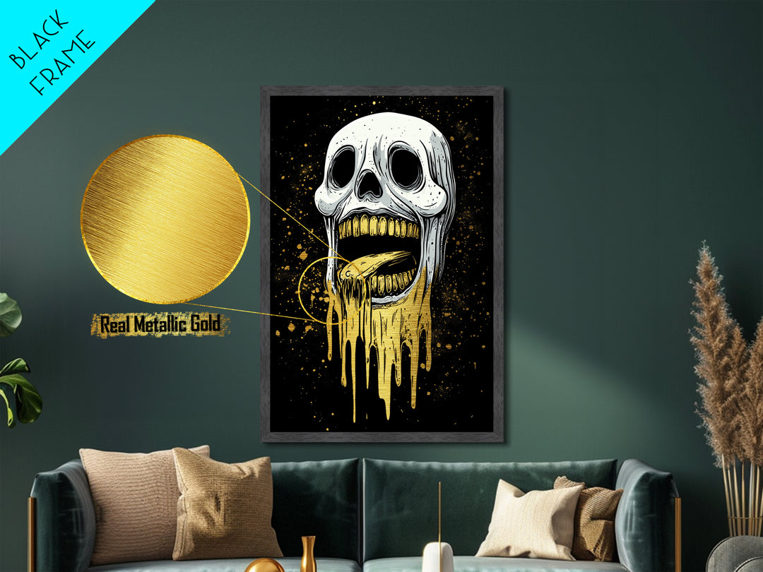Melting Skull Horror Metallic Gold Art Metal Art Gothic Halloween Creepy Wall Hanging in rustic real wood frame spooky décor