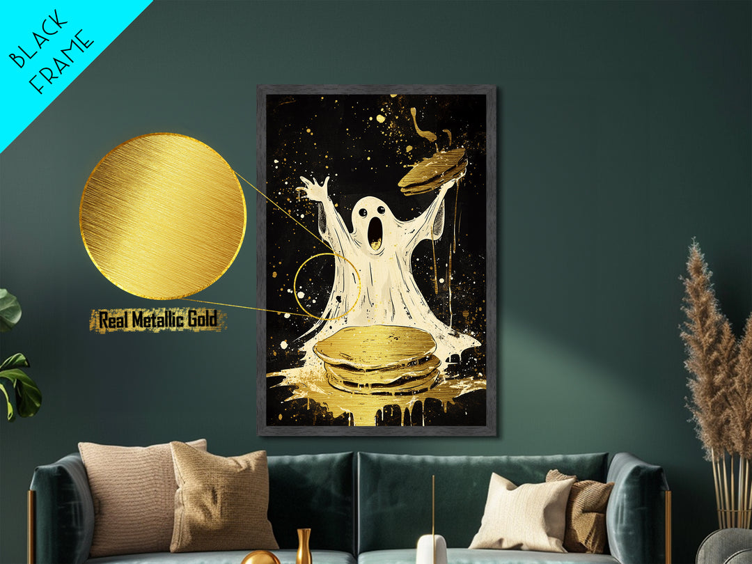 Ghost Pancake Breakfast Metallic Gold Art Metal Art Spooky Halloween Wall Décor framed in natural real wood playful haunted art