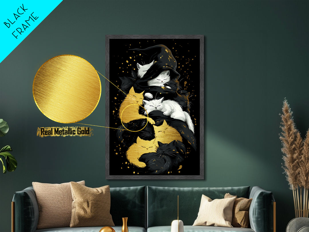Witchy Cats Nap Metallic Gold Art Metal Art Halloween Gothic Feline Spooky Wall Decor framed with handcrafted real wood frame