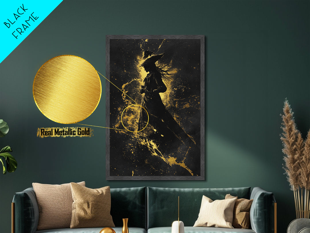 Elegant Witch Silhouette in Gold Explosion – Metallic Gold Art, Halloween Metal Art with Real Wood Frame, Spooky Sorceress Decor