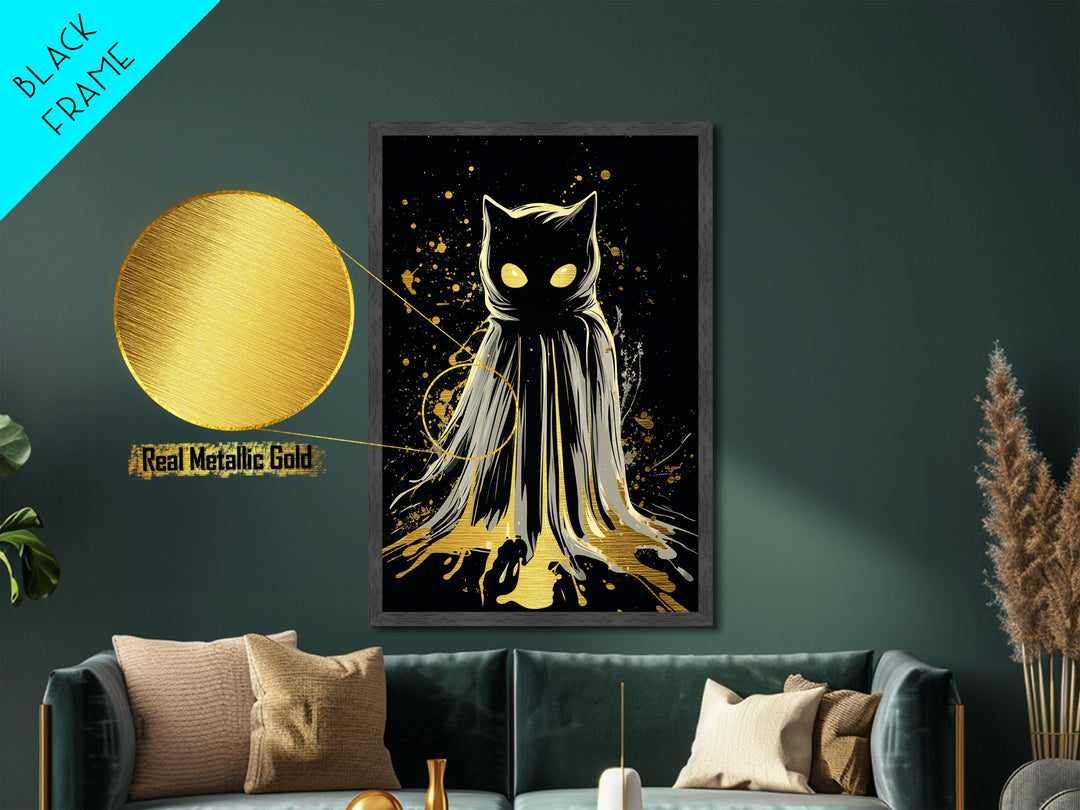 Haunted Cat Cloaked In Shadows Metallic Gold Art Metal Art | Spooky Halloween Wall Decor Framed In Natural Real Wood