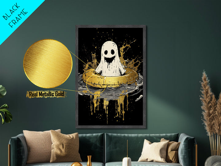 Smiling Ghost In Inner Tube Metallic Gold Art Metal Art | Creepy Cute Halloween Artwork Framed In Handcrafted Wood