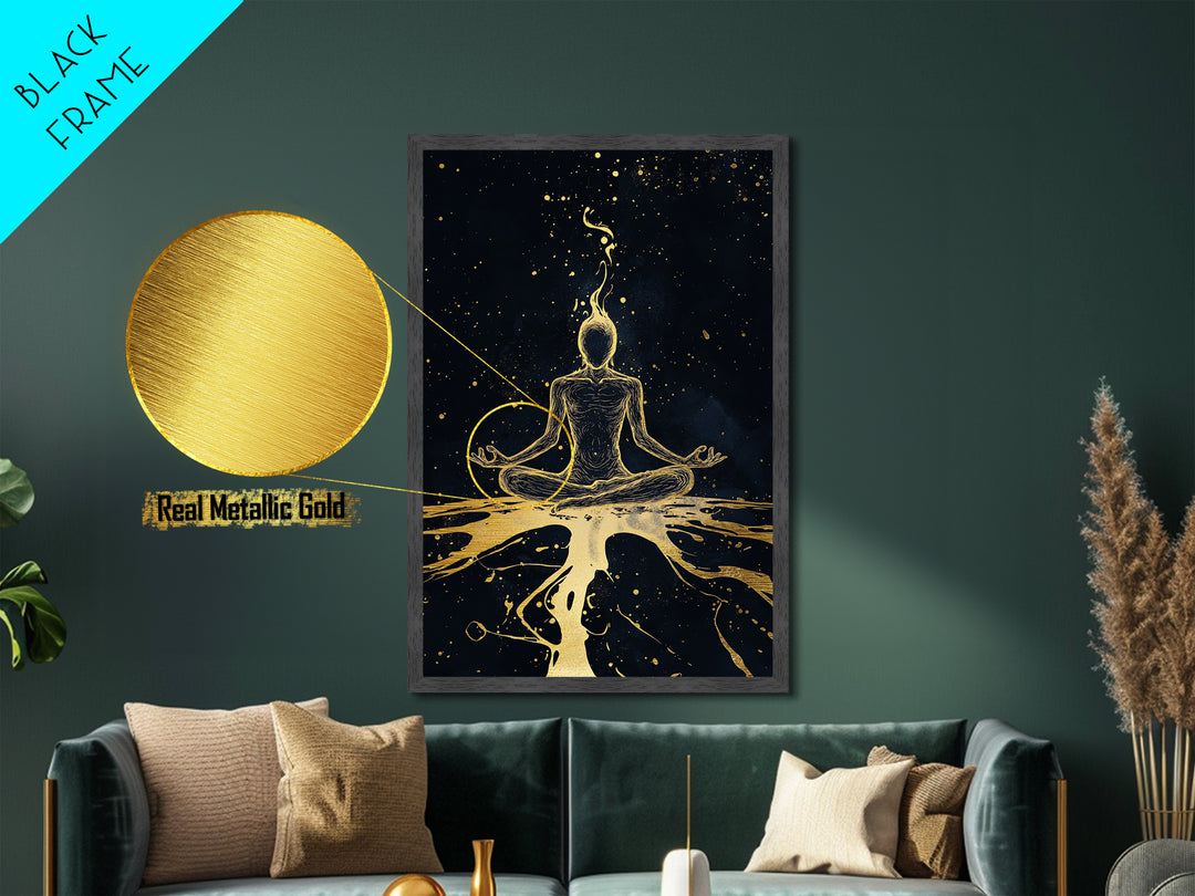 Mystical Meditation Figure Metallic Gold Art Metal Art | Spooky Season Witchy Decor In Real Wood Frame Cosmic Gothic
