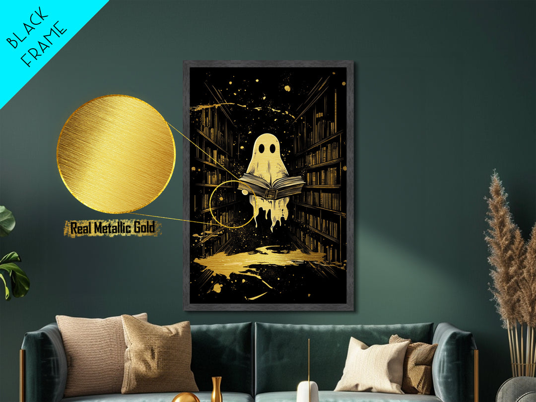Ghost Reading In Haunted Library Metallic Gold Art Metal Art | Spooky Bookish Wall Art Framed In Solid Natural Wood