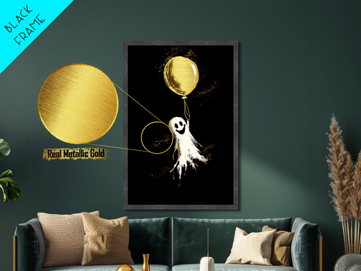 Playful Ghost With Balloon Metallic Gold Art Metal Art | Whimsical Spooky Season Halloween Artwork Real Wood Frame