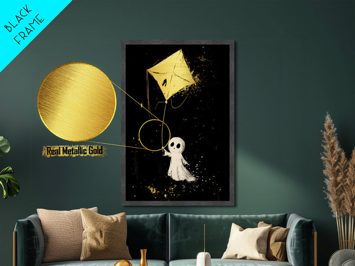 Sweet Ghost Flying A Kite Metallic Gold Art Metal Art | Cute Haunted Halloween Wall Art Framed In Rustic Real Wood