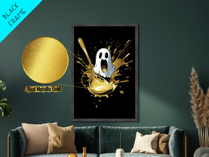Spooky Ghost And Golden Spoon Metallic Gold Art Metal Art | Creepy Halloween Kitchen Wall Decor Framed In Real Wood
