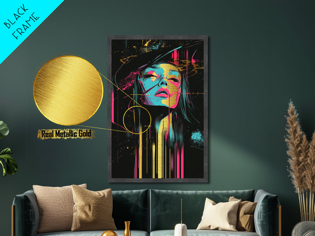 Neon Witch Portrait with Abstract Lines – Metallic Gold Art, Halloween Metal Art in Real Wood Frame, Psychedelic Spooky Decor