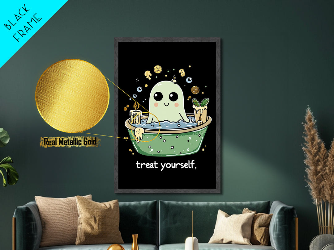 Witchy Ghost Spa Metallic Gold Art, Relaxing Bath Spooky Season Metal Art Framed In Real Wood, Funny Creepy Halloween Print