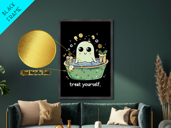 Witchy Ghost Spa Metallic Gold Art, Relaxing Bath Spooky Season Metal Art Framed In Real Wood, Funny Creepy Halloween Print