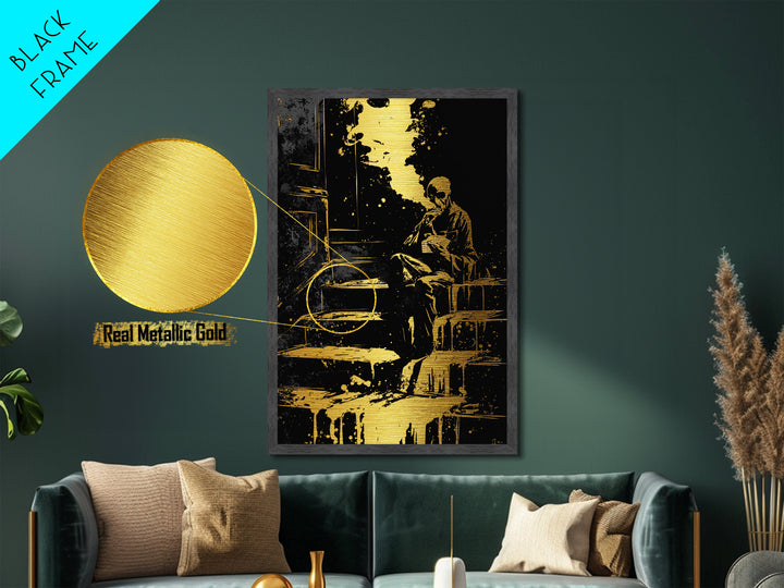 Gothic Skeleton Smoking Metallic Gold Art, Dark Haunted Horror Metal Art With Real Wood Frame, Spooky Gothic Halloween Decor
