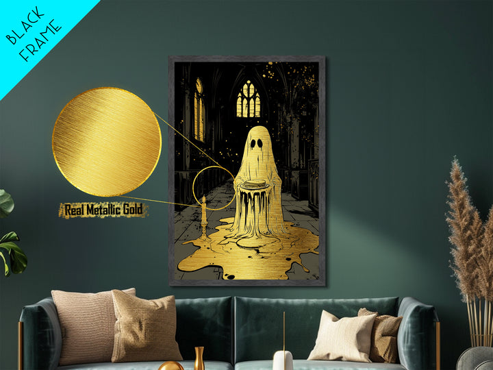 Ghost With Pancakes Metallic Gold Art, Creepy Haunted Cathedral Metal Art In Solid Wood Frame, Spooky Season Halloween Print