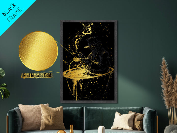 Haunted Alchemist Metallic Gold Art, Gothic Witchy Metal Art Framed In Natural Wood, Spooky Occult Halloween Wall Hanging