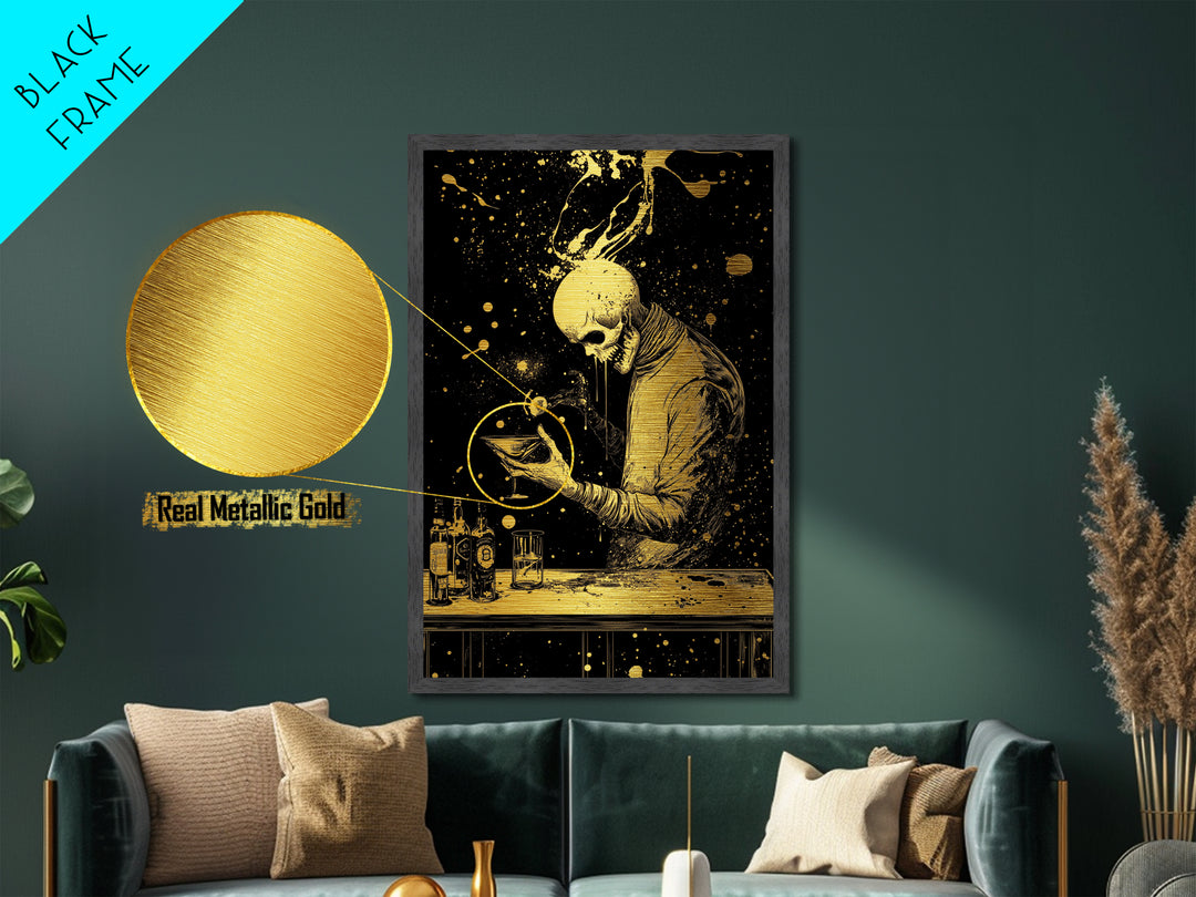Skeleton Bartender Metallic Gold Art, Spooky Haunted Bar Metal Art With Real Wood Frame, Creepy Halloween Gothic Wall Decor