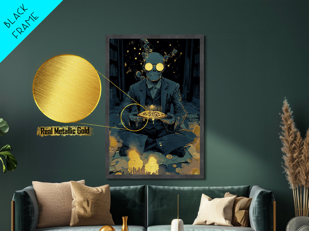 Skeleton Pizza Ritual Metallic Gold Art, Gothic Occult Spooky Season Metal Art In Real Wood Frame, Creepy Haunted Wall Print