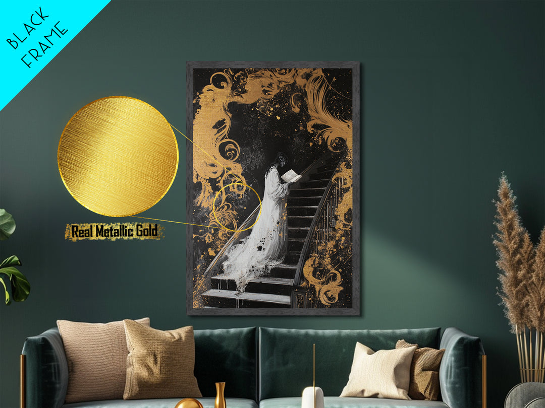 Ghostly Woman On Staircase Metallic Gold Art Metal Art Gothic Haunted Mansion Style Framed In Real Wood