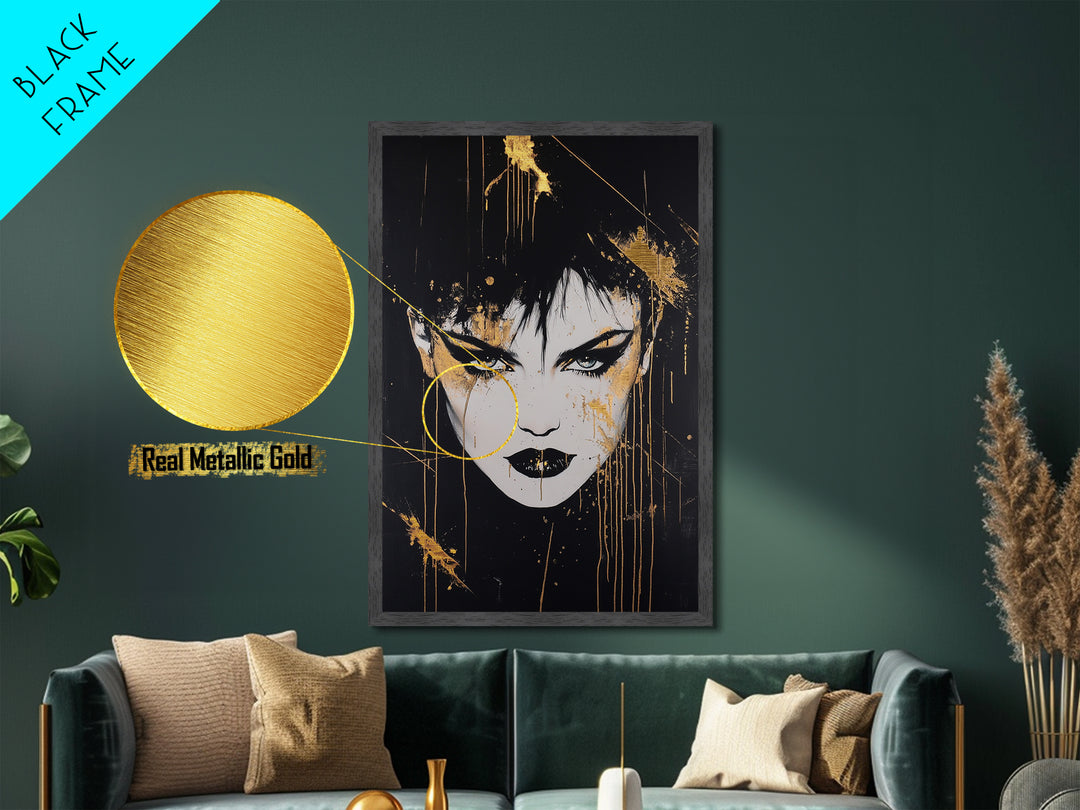 Gothic Vampire Portrait Metallic Gold Art Metal Art Halloween Spooky Season Wall Decor Framed In Real Wood