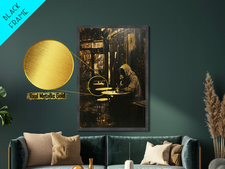 Haunted Café Scene Metallic Gold Art Metal Art | Gothic Spooky Wall Décor in Natural Wood Frame for Halloween Aesthetic