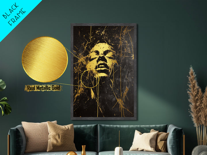 Golden Spirit Face Metallic Gold Art Metal Art | Horror Inspired Gothic Halloween Portrait in a Handcrafted Wood Frame