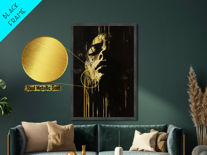 Shadowed Face Metallic Gold Art Metal Art | Dark Spooky Gothic Halloween Portrait Art with Natural Wood Frame Accent