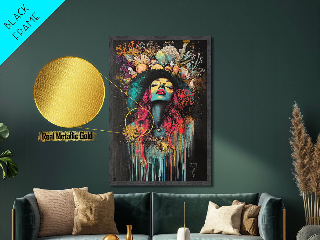 Witchy Woman Metallic Gold Art Metal Art | Psychedelic Spooky Season Portrait Wall Décor in Handcrafted Real Wood Frame