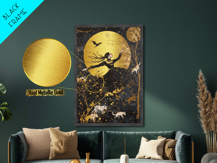 Moonlit Witch Dance Metallic Gold Art Metal Art | Gothic Spooky Halloween Wall Décor with Wolves Framed in Real Wood