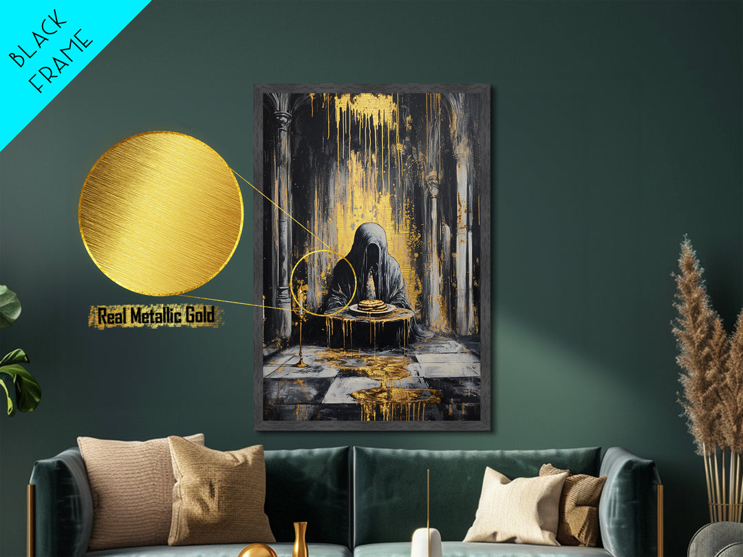 Haunted Cloaked Figure Metallic Gold Art Metal Art | Gothic Halloween Wall Décor With Pancakes | Spooky Horror Painting Framed In Wood