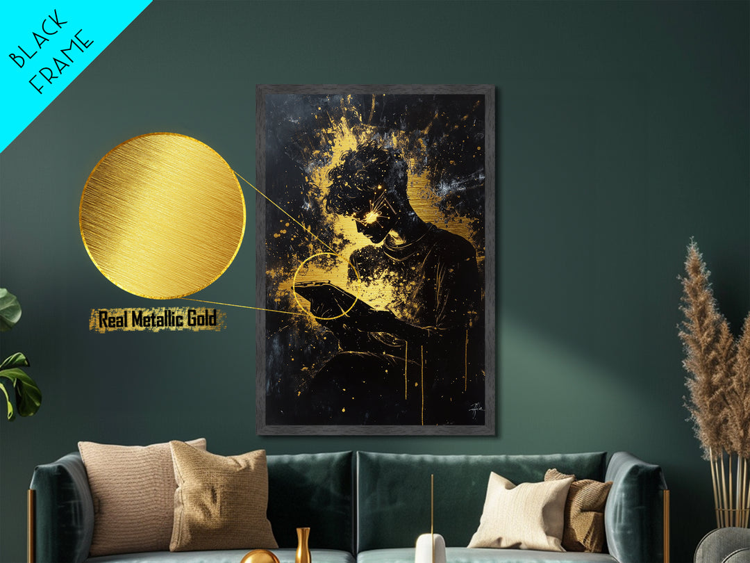 Witchy Tech Sorcerer Metallic Gold Art, Spooky Metal Art of Mystic Reader with Glowing Eyes, Framed in Natural Wood