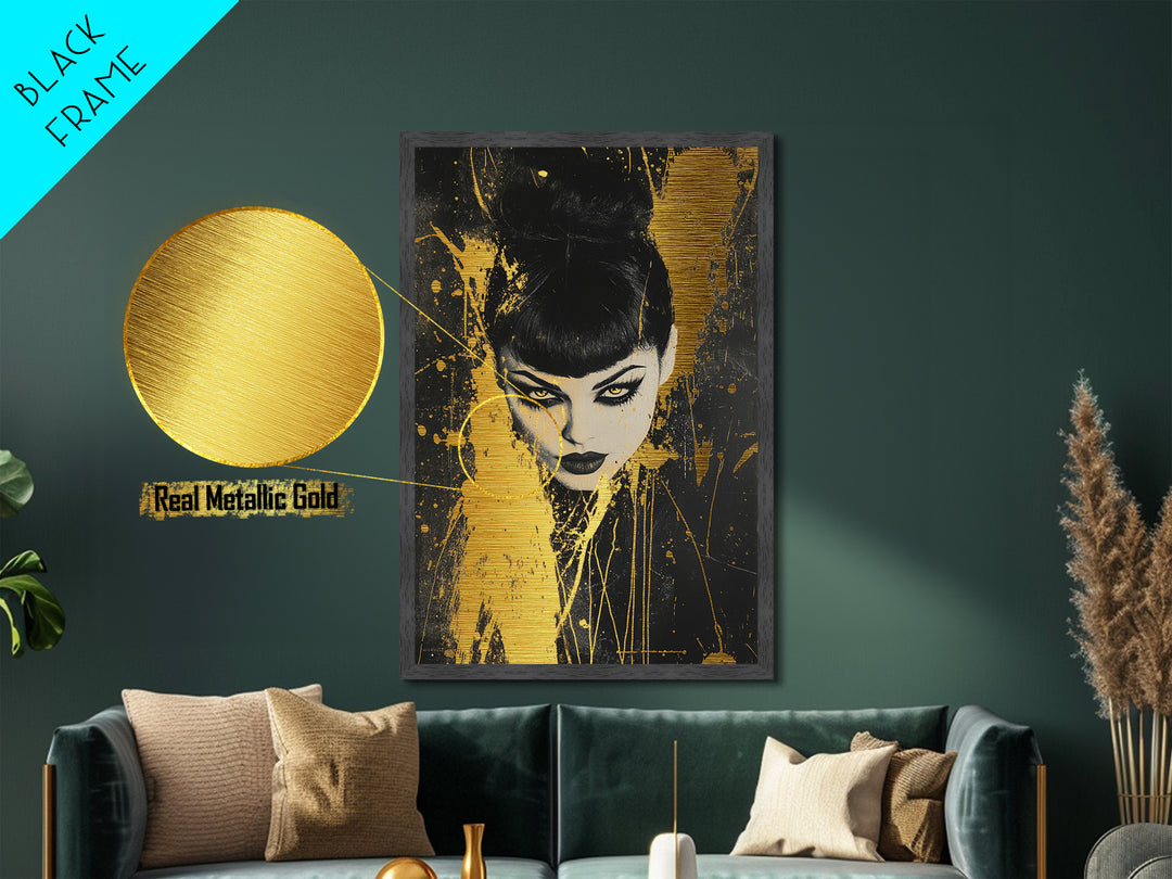 Vampire Gothic Woman Metallic Gold Art, Dark Spooky Season Metal Art Portrait, Horror Inspired Wall Decor in Real Wood Frame