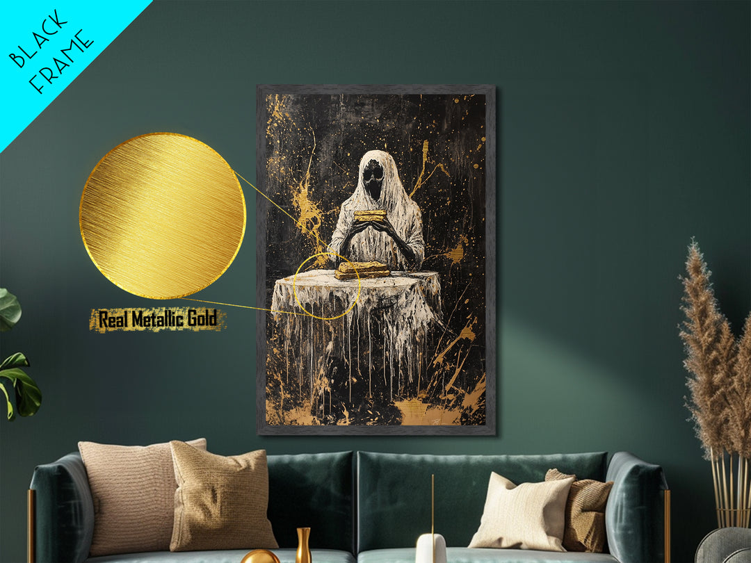 Witchy Sorceress Metallic Gold Art Metal Art, Halloween Wall Hanging with Real Wood Framing, Spooky Witch Decor